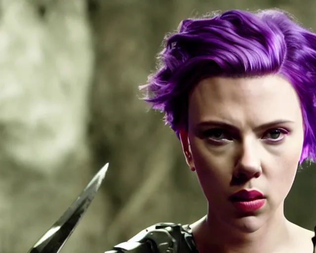 Image similar to Scarlett Johansson in epic knife battle pose, cinematic, 4k, hyper realistic, super detailed, purple hair