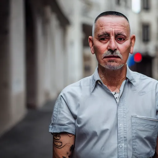 Prompt: portrait of a croatian man with a flat - top haircut, canon eos r 3, 8 0 mm f / 1. 2, iso 2 0 0, 1 / 1 6 0 s, 8 k, raw, unedited, symmetrical balance, wide angle