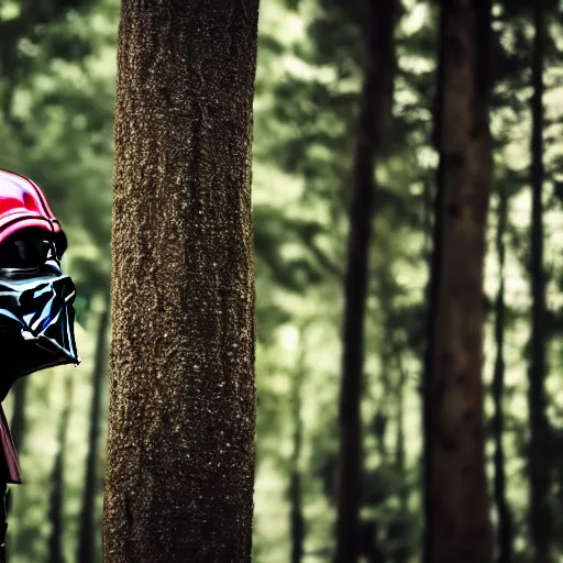 Prompt: high quality photo of darth vader hiding behind a tree, photography 4k, f1.8 anamorphic, bokeh, 4k, Canon, Nikon