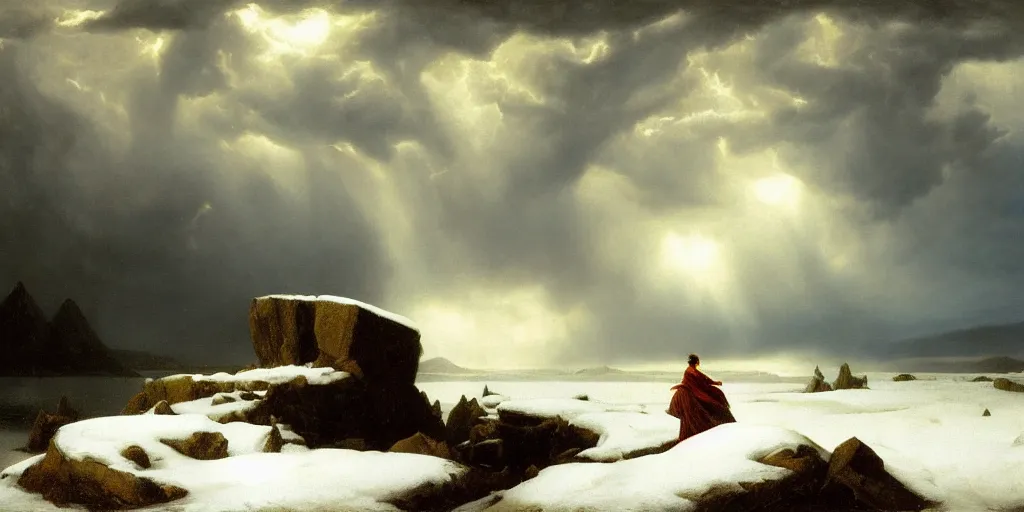 Image similar to a princess, slain giant monster, snowy tundra, storm clouds, dramatic lighting, hudson river school