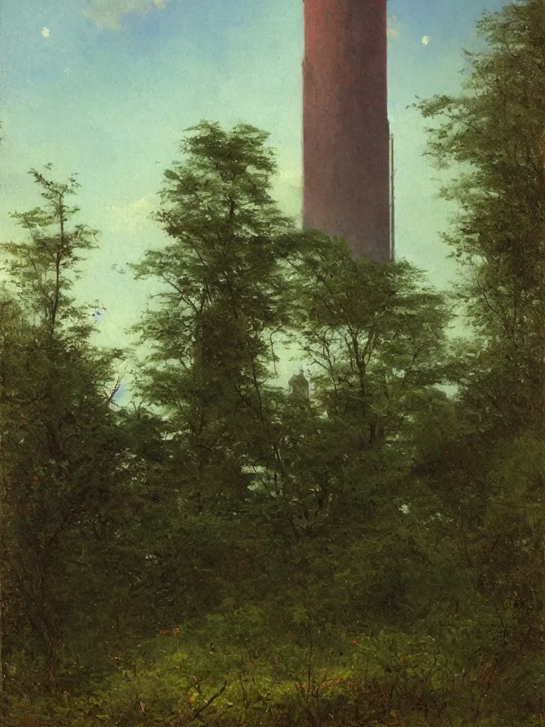 Prompt: Painting of the abandoned wizard\'s tower in the overgrown garden. Unknown Hudson River School artist.