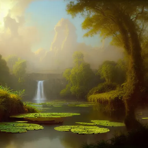 Prompt: beautiful matte painting of an ancient waterlily pond of art By Andreas Rocha, John Howe, Martin Johnson Heade, featured on artstation, featured on behance, Featured on illustrationx, featured on conceptartworld, cinematic, cinematic lightning, concept art, landscape photography composition, f32