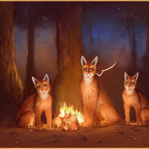 Image similar to three cute caracals wearing red ties, campfire, night, atmospheric lighting, intricate, volumetric lighting, digital art, highly detailed by gaston bussiere, craig mullins, j. c. leyendecker 8 k