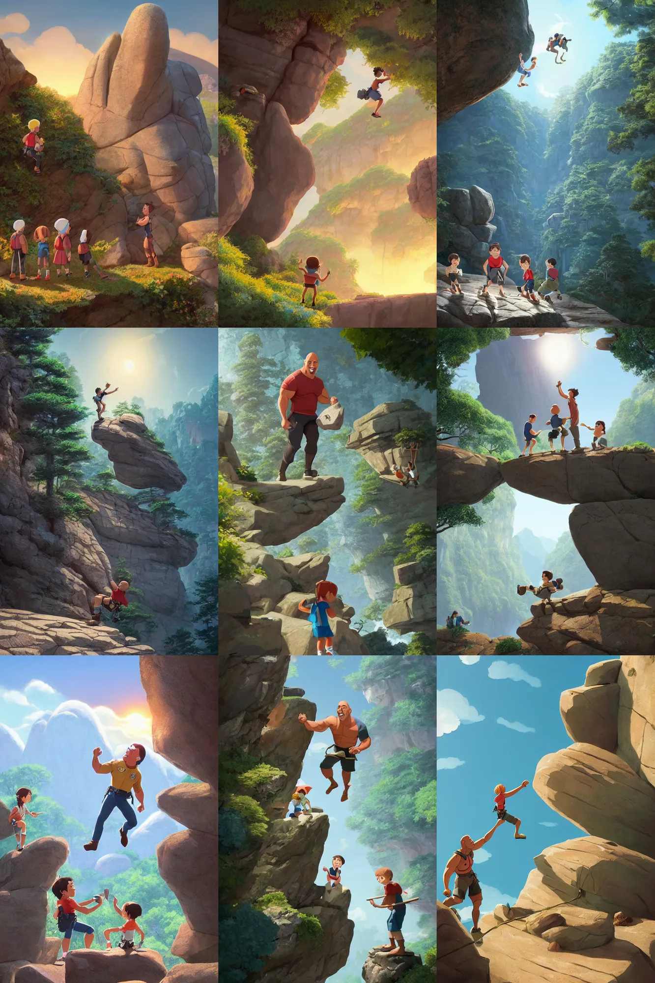 Prompt: a wholesome cottagecore illustration of a happy cartoon Dwayne The Rock Johnson teaching bous scouts how to rock climb, studio Ghibli, Pixar and Disney animation, sharp, Rendered in Redshift and Unreal Engine 5 by Greg Rutkowski, Bloom, dramatic lighting