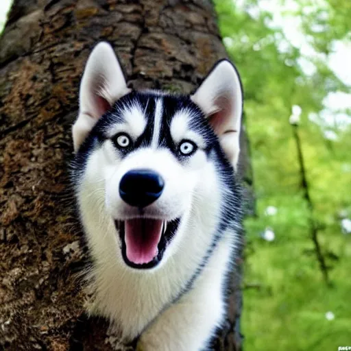 Prompt: husky stuck in an extremely tall tree