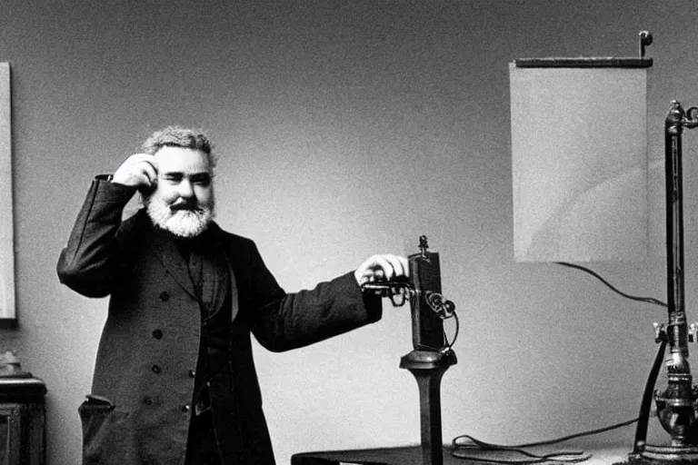 Image similar to still photo of alexander graham bell inventing the telephone, highly detailed, photorealistic shot, bright studio setting, studio lighting, crisp quality and light reflections, unreal engine 5 quality render