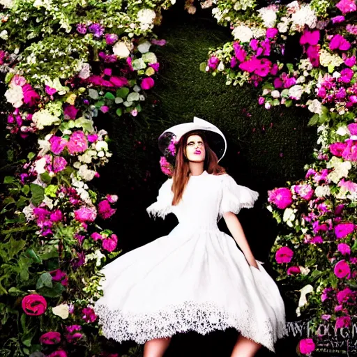 Image similar to wearing raybands wall full body fashion model emma watson smokey eyes makeup eye shadow fantasy, glow, shimmer as victorian woman in a long white frilly lace dress and a large white hat having tea in a sunroom filled with flowers, roses and lush fern flowers ,intricate, night, highly detailed, dramatic lighting , high quality