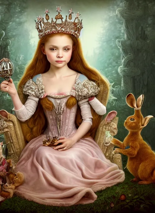 Image similar to highly detailed closeup portrait of a fairytale medieval princess wearing a crown and sitting on a throne, surrounded by cute bunnies, unreal engine, nicoletta ceccoli, mark ryden, earl norem, lostfish, global illumination, god rays, detailed and intricate environment