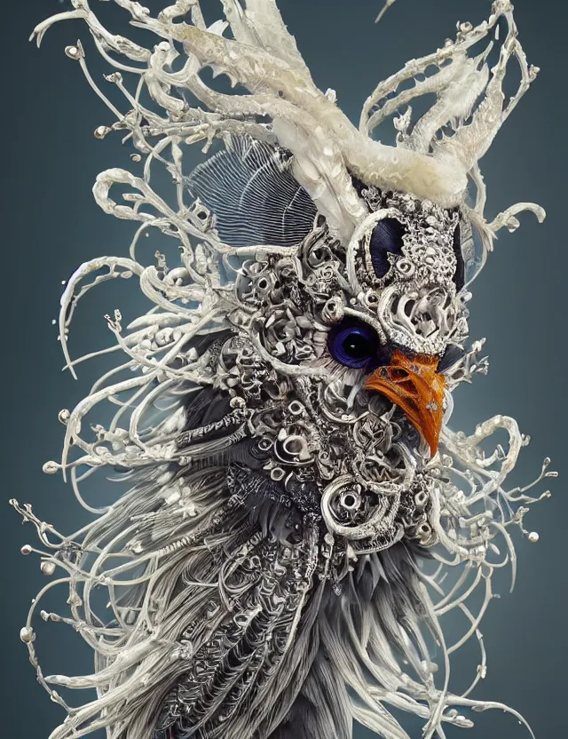 Image similar to goddess macro close - up portrait wigh crown made of ram skull. beautiful intricately detailed japanese crow kitsune mask and clasical japanese kimono. betta fish, jellyfish phoenix, bioluminiscent, plasma, ice, water, wind, creature, super intricate ornaments artwork by tooth wu and wlop and beeple and greg rutkowski