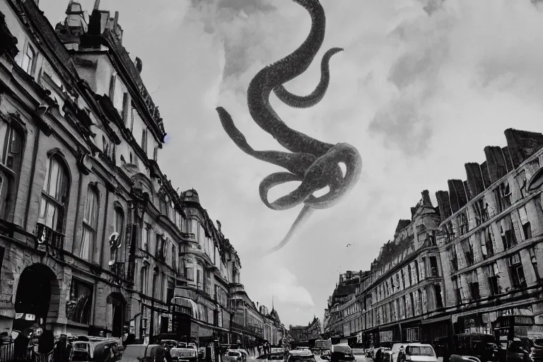 Image similar to london street invade by a lovecraftian monster in the sky, photo wide shot 3 5 mm