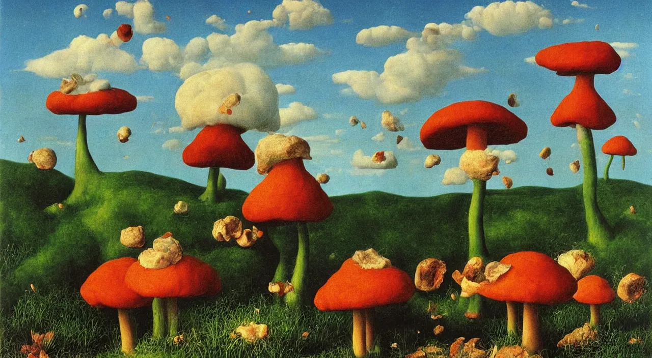 Image similar to a single toadstool fungus floating in the clear sky, a high contrast!! ultradetailed photorealistic painting by jan van eyck, audubon, rene magritte, agnes pelton, max ernst, walton ford, hard lighting, masterpiece