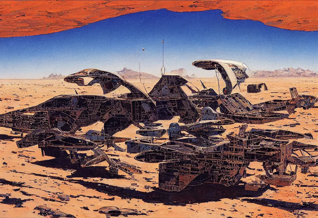 Image similar to remains of a spaceship in a desert by robert mccall