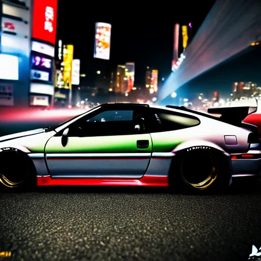 Image similar to a car 300ZX twin turbo drift at illegal car meet, Shibuya prefecture, city midnight mist lights, cinematic lighting, photorealistic, highly detailed wheels, high detail