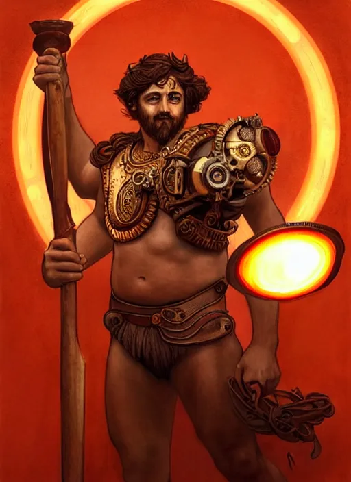 Image similar to the greek god hephaestus, brown hair, holding hammer, facing forward, steampunk, beautiful glowing eyes, volumetric lights, red and orange theme, art nouveau botanicals, intricate, highly detailed, digital painting, artstation, concept art, smooth, sharp focus, cinematic, illustration, beautiful face, art by artgerm and greg rutkowski and alphonse mucha