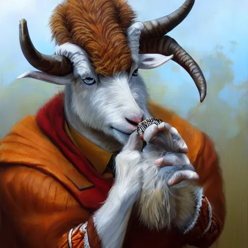 Image similar to commissioned artwork of a furry anthro goat smoking a cigar, three piece suit, painted todd lockwood, jeff easley, greg rutkowski, james gurney, artgerm, digital art, trending on artstation, award - winning, vivid, detailed