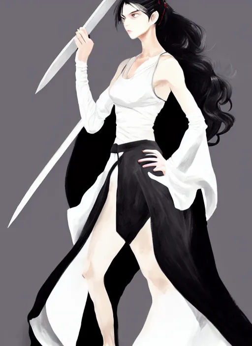 Prompt: a highly detailed illustration of fierce messy ponytail black haired one armed delinquent woman wearing long white tokkoufuku cape, dramatic wielding paper sword pose, intricate, elegant, highly detailed, centered, digital painting, artstation, concept art, smooth, sharp focus, league of legends concept art, wlop.