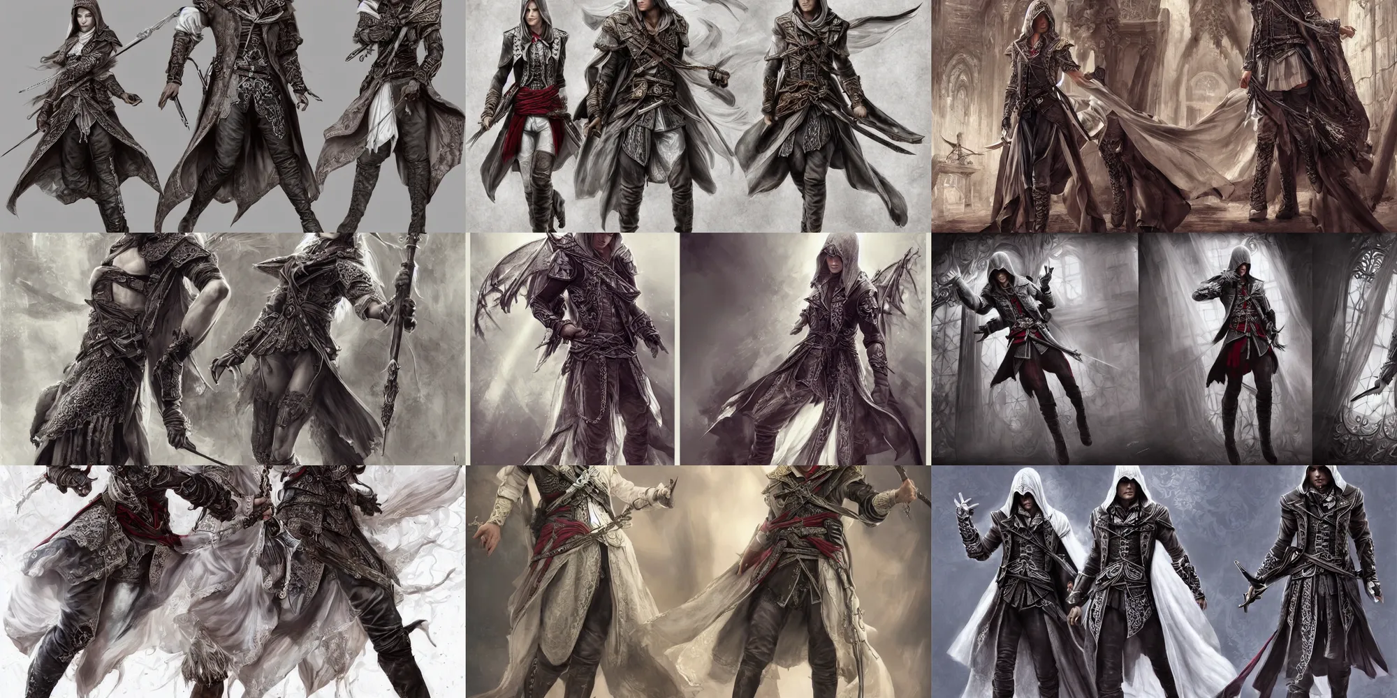 Prompt: Realistic and highly detailed character and fashion spot illustrations of Altair from Assassin's Creed, gothic and rococo mashup, full-body, dynamic poses, knee-high boots, vests, bloom, god rays, cinematic lighting, intricate, ornate, filigree, by Legend of the Cryptids, by Sakimichan, by Artgerm, by WLOP, by Alphonse Mucha, by Bouguereau, fantasy, portfolio illustration, highly detailed, trending on Artstation, CGsociety, rendered in Octane, rendered in Arnold, HQ, 8k, 35mm lens, f2.8, Bokeh,