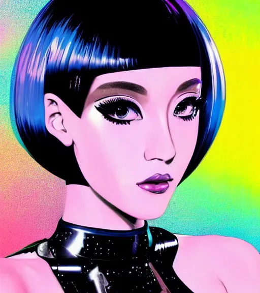 Prompt: beautiful closeup portrait of a black bobcut hair style futuristic ariana grande in a blend of 8 0 s anime - style art, augmented with vibrant composition and color, filtered through a cybernetic lens, by hiroyuki mitsume - takahashi and noriyoshi ohrai and annie leibovitz, dynamic lighting, flashy modern background with black stripes