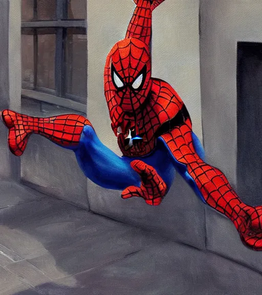 Image similar to high quality high detail painting by alberto mielgo, spiderman swinging in the street, hd