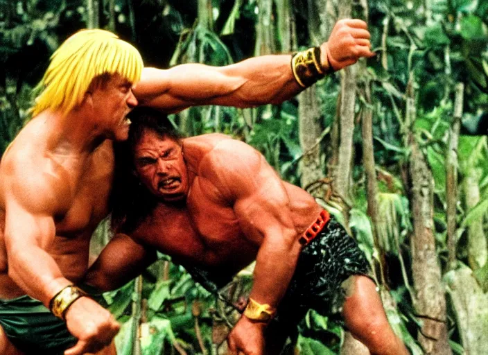 Image similar to hulk hogan wrestling warwick davis in a jungle, movie still, an explosion is in the background, 8 k, realistic