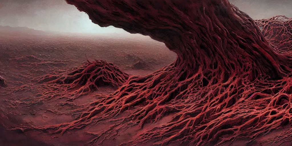 Prompt: supernova, alien surface planet covered with black tree roots, red desert mars, norilsk, painted by ruan jia, raymond swanland, lawrence alma tadema, zdzislaw beksinski, norman rockwell, jack kirby, tom lovell, alex malveda, greg staples, steve mccurry