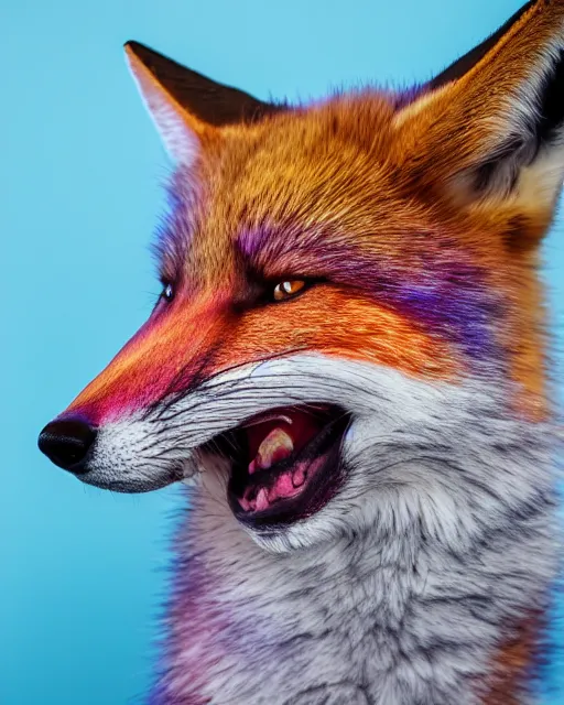 Image similar to rainbow fox yawning, portrait, blue background, 8 k, 8 5 mm f 1. 8