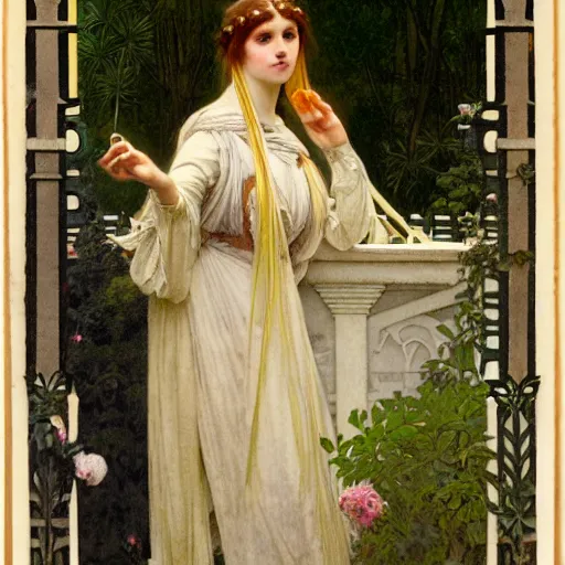 Image similar to A girl with on the front of a Balustrade porch with a hedge maze on the background, major arcana occult clothes, by paul delaroche, alphonse mucha and arnold böcklin arnold böcklin hyperrealistic 8k, very detailed