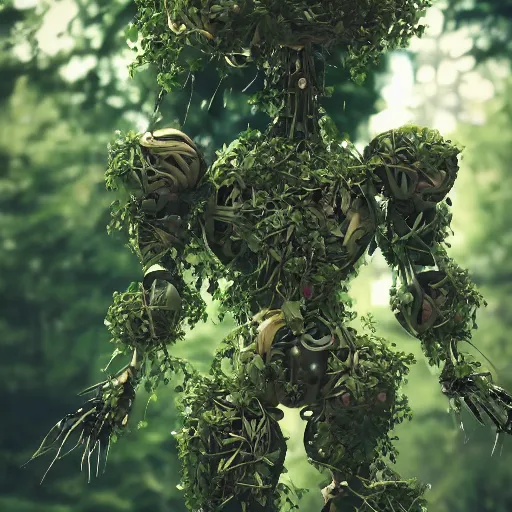 Prompt: beautiful overgrown foliage taking over an ( beautiful abandoned human - shaped robot body laying on the ground ), close - up, 3 5 mm, biopunk, bokeh, beautiful, lens flare, emotional, sweet, flowers, detailed, picture, trending on artstation, award - winning, shiny, golden, angle view, octane render