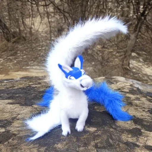 Prompt: white furry dragon with a blue neck mane, 2 grey horns, and fennic fox ears