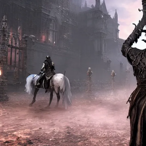 Prompt: Bloodborne character ends up in the world of Elden Ring riding a horse, detailed, award winning, unique