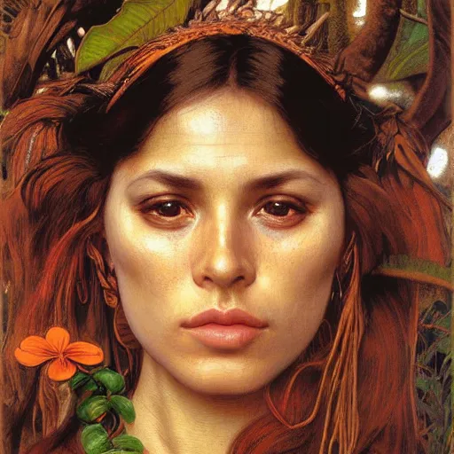 Prompt: face portrait of a beautiful alluring female yanomami maiden in a dense jungle at sunset, detailed, centered, digital painting, artstation, concept art, donato giancola, Dante Gabriel Rossetti, alphonse mucha, Joseph Farquharson, Joseph Christian Leyendecker, WLOP, Boris Vallejo, Breathtaking, 8k resolution, extremely detailed, beautiful, establishing shot, artistic, hyperrealistic, beautiful face, octane render