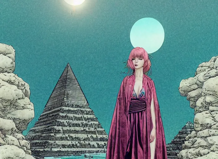 Image similar to lee jin - eun in luxurious dress emerging from pink and turquoise water in egyptian pyramid city during an eclipse by takato yamamoto, nicola samuri, conrad roset, m. k. kaluta, martine johanna, rule of thirds, elegant look, beautiful, chic, face anatomy, cute complexion