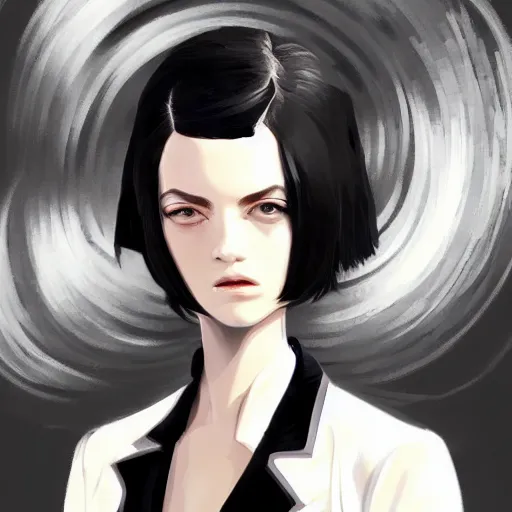 Image similar to girl in tuxedo with black chaotic wavy short haircut, elegant, 2d, ultra highly detailed, digital painting, smooth, sharp focus, artstation, art by Ilya Kuvshinov