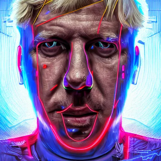 Prompt: full front face centered hyperdetailed portrait of Boris Johnson as a cyborg assasin, 8k, digital painting, futuristic, black neon lights, trending on CG society