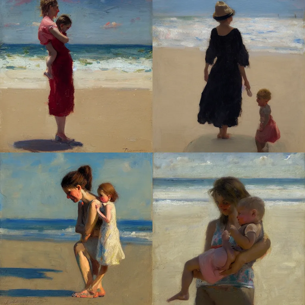 Prompt: woman holding a child on the beach, joseph todorovitch