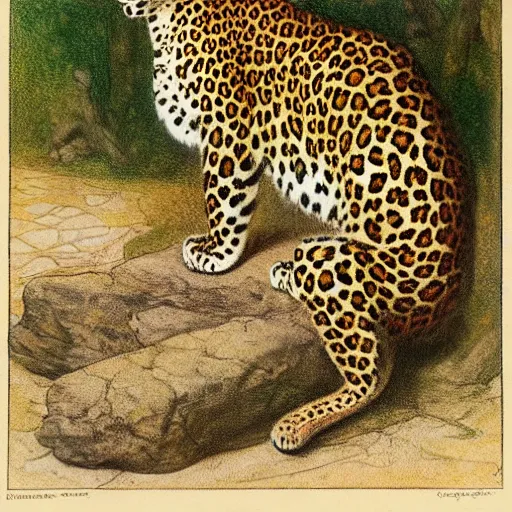 Prompt: a painting of a leopard sitting on the ground, an illustration of by charles maurice detmold, deviantart, qajar art, photoillustration, grotesque, full body