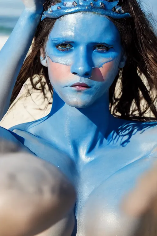 Image similar to a young french woman dressed as a blue-skinned triton from DND standing on a beach, blue body paint, high resolution film still, 8k, HDR colors, cosplay, outdoor lighting, high resolution photograph, photo by bruce weber, beautiful symmetric face