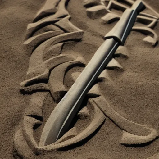 Prompt: Photo Of A Sand Sculpture Of A Ancient Sword, 8K, Photorealistic, Cinematic, Award Winning