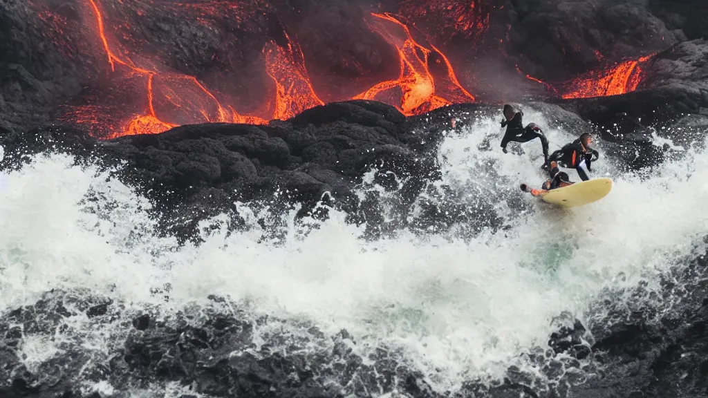 Image similar to people in suits of armor surfing down a river of lava on the side of a volcano on surfboards, action shot, dystopian, motion blur, sharp focus, cinematic