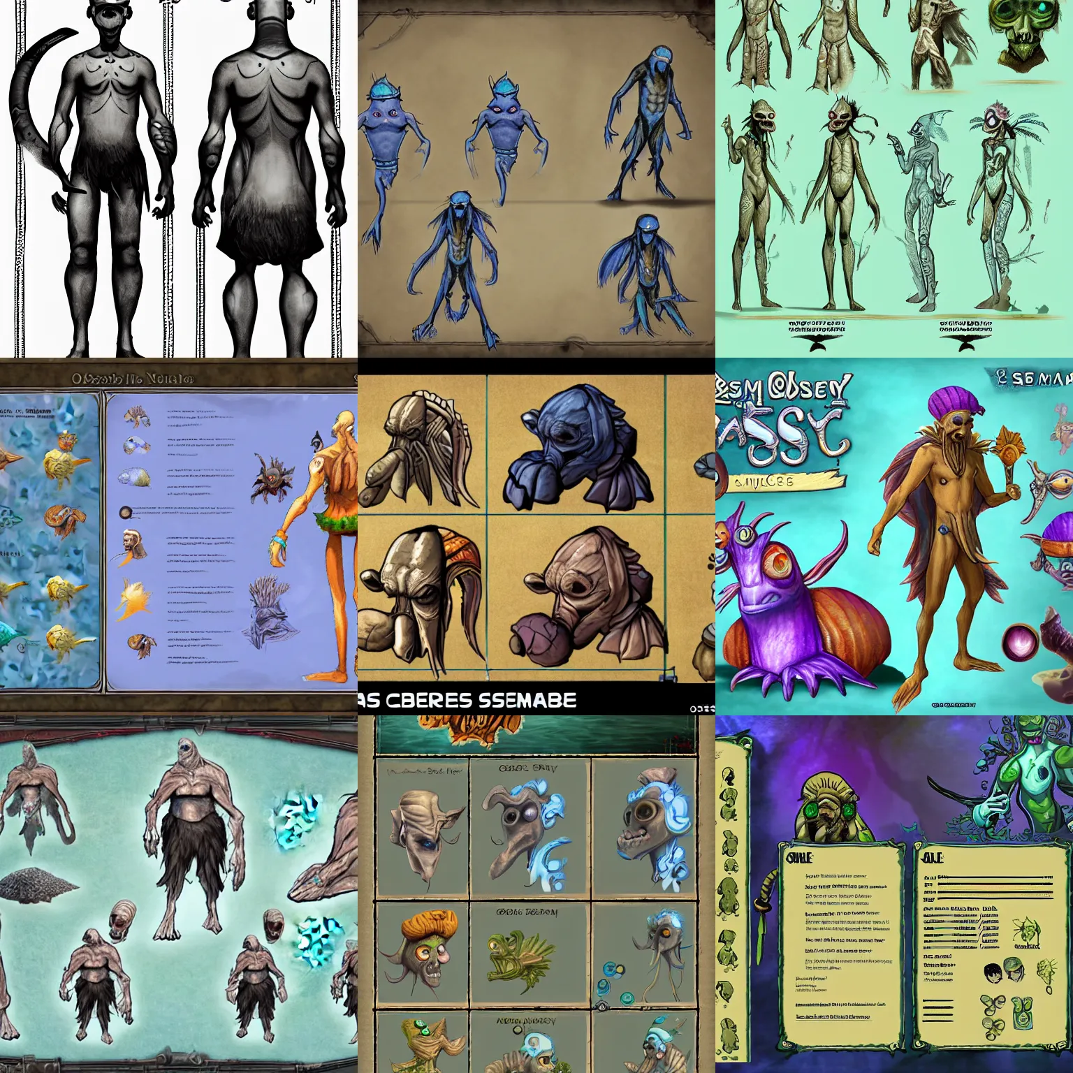 Prompt: new character design sheets for semi aquatic characters in abes odyssey by Oddworld Inhabitants Inc