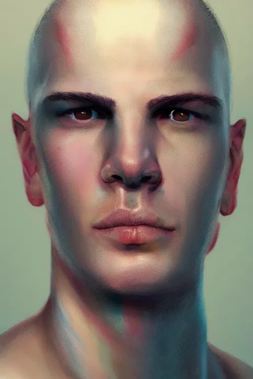 Prompt: very detailed portrait of a shaved head brazilian david harbour, pastel color scheme, by wlop and tyler oulton, detailed eyes, starry background, trending, on artstation.