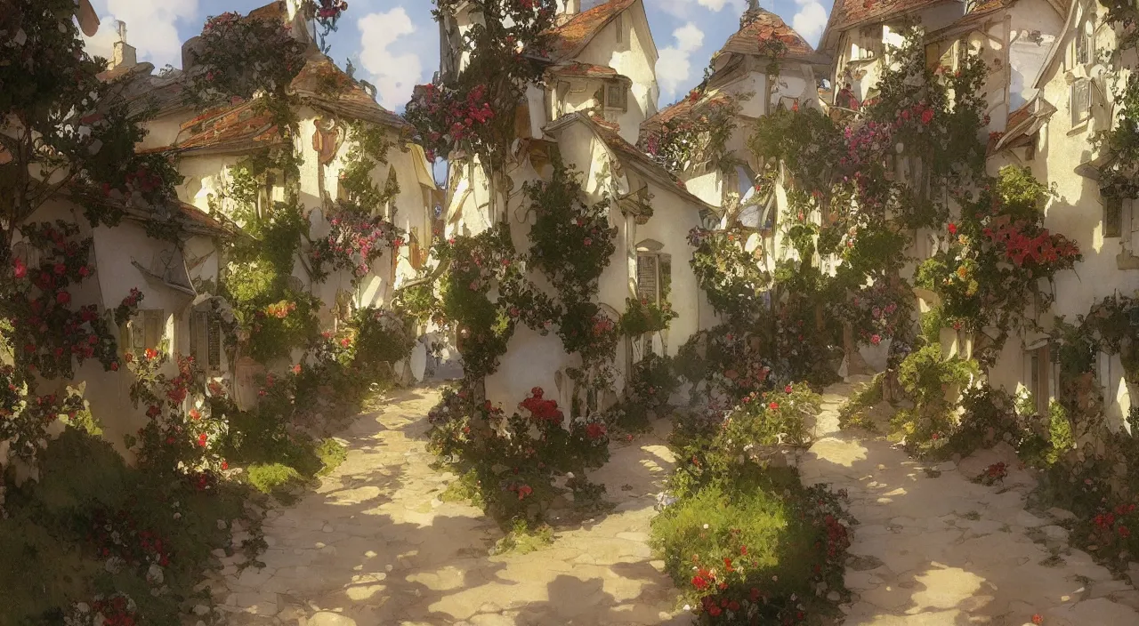 Prompt: A beautiful landscape painting of a small french village by Alfons Maria Mucha and Julie Dillon and Makoto Shinkai