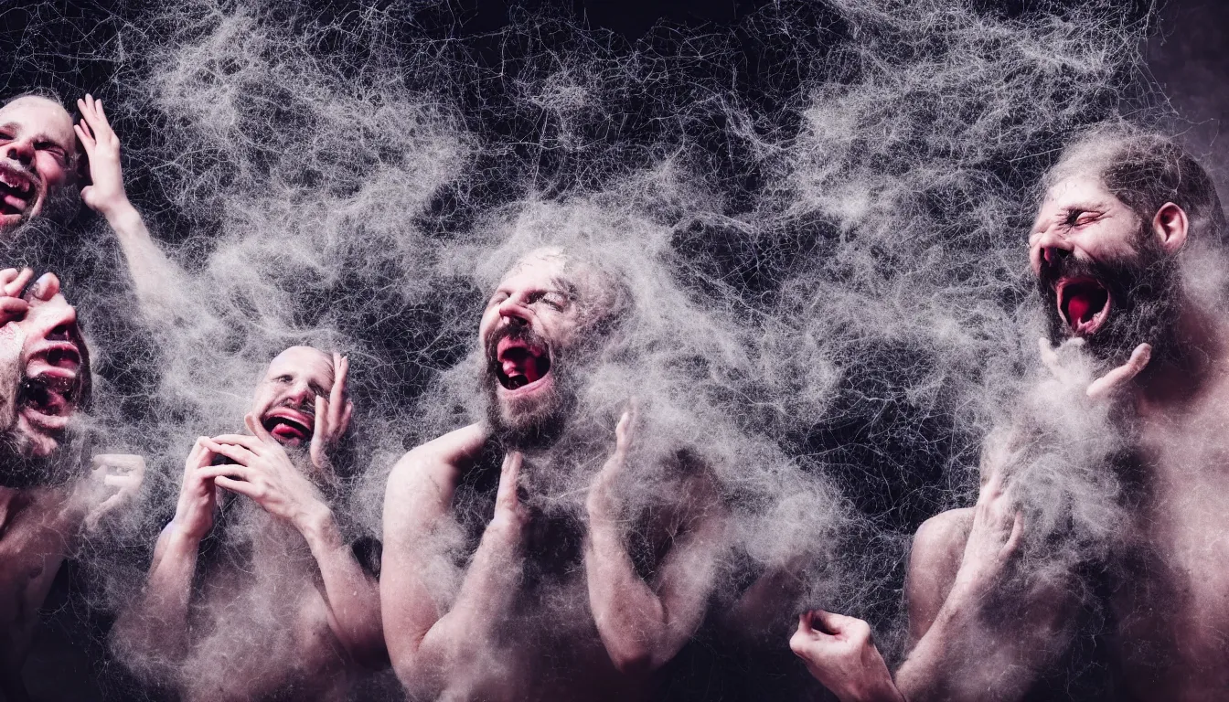 Image similar to feedback loop , burst of powders ,detailed entangled fibres ,volumetric lighting, twisting vapour, bellowing dust ,flowing shimmering fabrics, emerging hands and an ancient male bearded face , Hundreds of humans , emerging hands and beautiful women’s and men screaming laughing and crying face , full colour , upscale , 4k