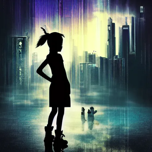 Prompt: digital art cyberpunk landscape silhouette of young girl holding a teddy bear in the foreground