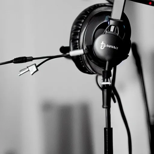 Image similar to A photograph of a bird wearing headphones and speaking into a high-end microphone in a recording studio.