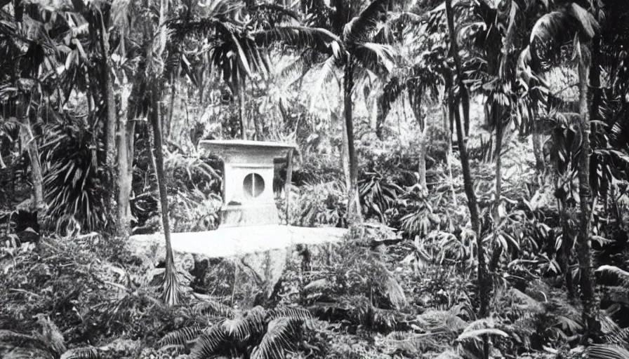 Image similar to lost film footage of a sacred object in the middle of the ( ( ( ( ( ( tropical jungle ) ) ) ) ) ) / film still / cinematic / enhanced / 1 9 2 0 s / black and white / grain