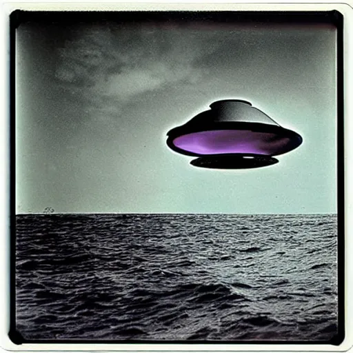 Image similar to cylindrical ufo hovering above water, real Polaroid photo