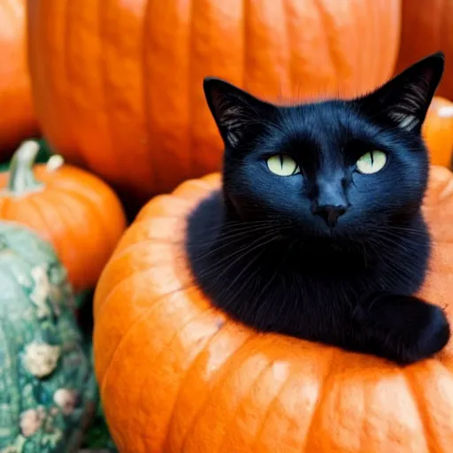 Image similar to a singular black cat resting on top of a pumpkin, simple, cute