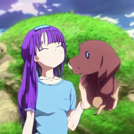 Prompt: anime screenshot of a female character with purple long hair and a small pet