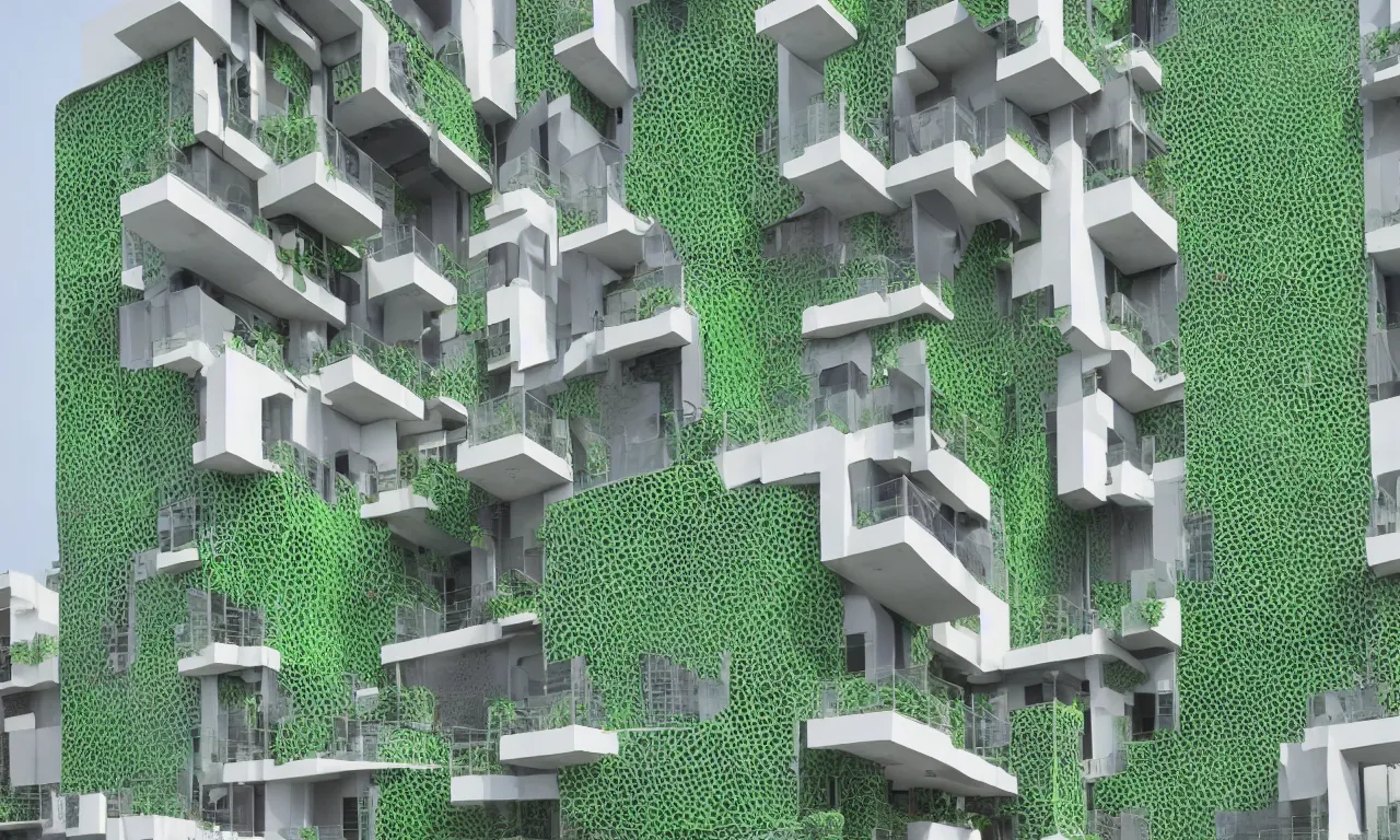 Image similar to algae concrete additive printed multifamily modern architecture in thailand city, colorful geometric exterior rain - screen cladding, architectural sculptural interior, visually satisfying architecture render in vray